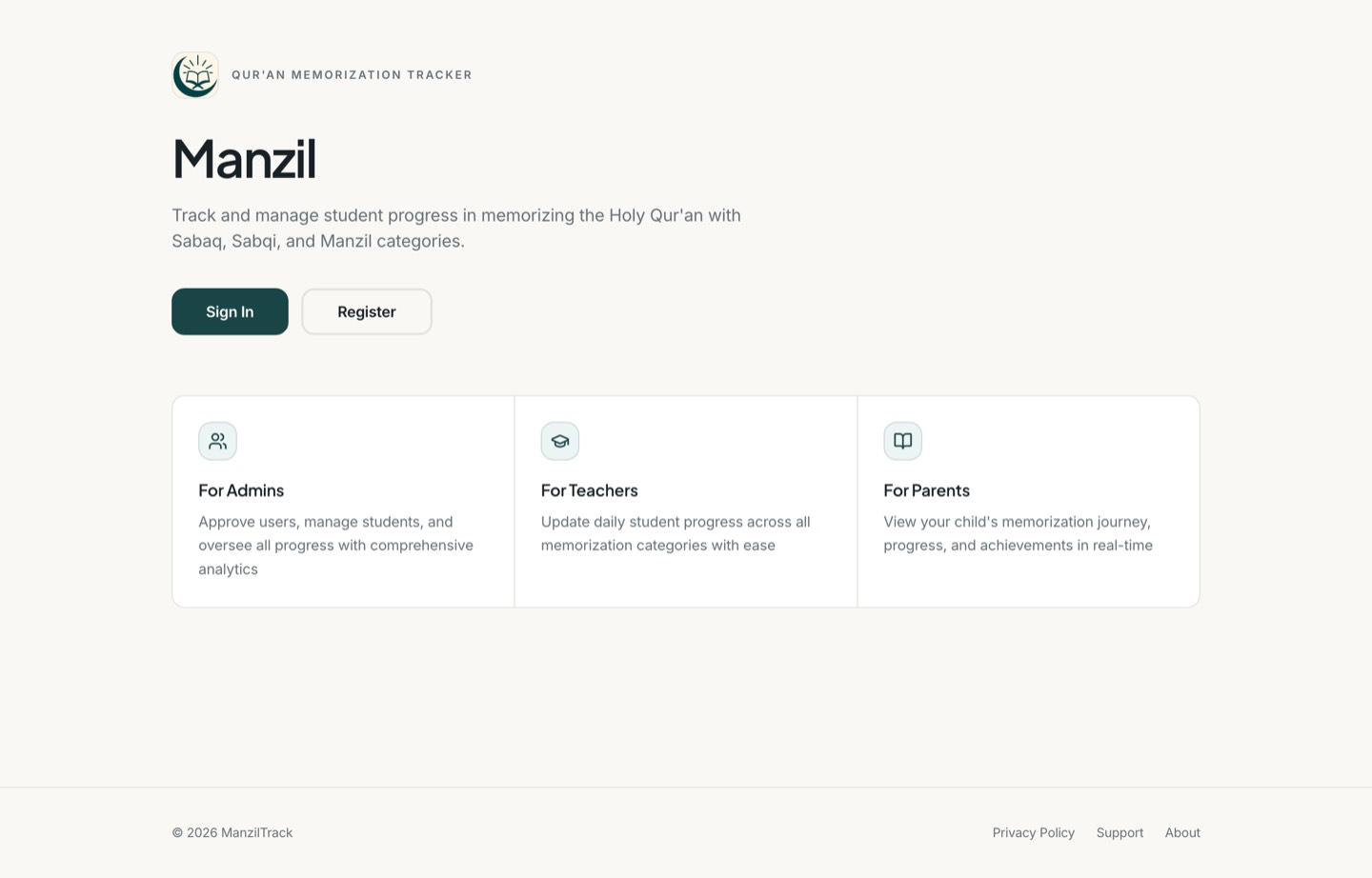 The ManzilTracker home page, with separate sections for admins, teachers, and parents
