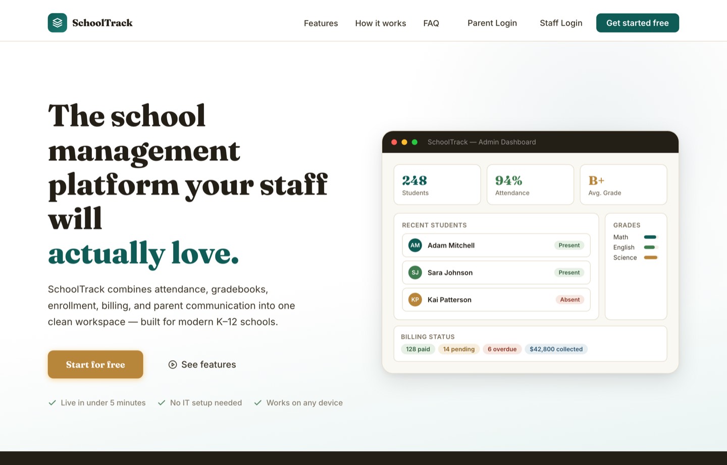 The SchoolTrack home page with an example admin dashboard showing 248 students and 94% attendance