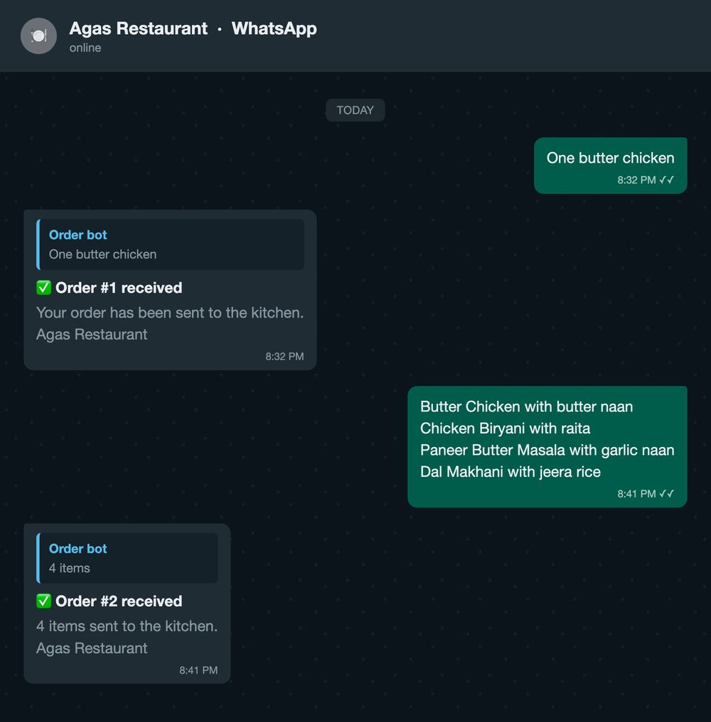 The WhatsApp order flow: a customer texts an order and the bot replies Order received, sent to the kitchen
