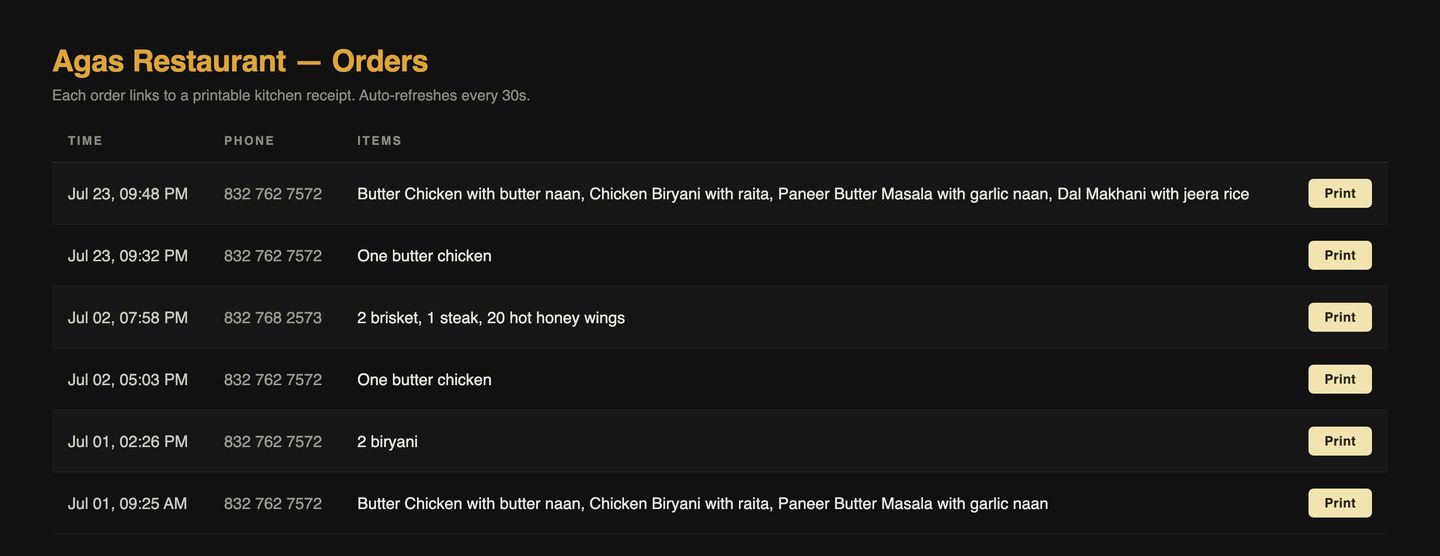 The orders page: a table of incoming WhatsApp orders with time, phone, the parsed items, and a Print button on each row