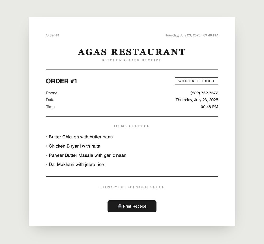 A kitchen receipt generated from a WhatsApp order, with the restaurant name, order number, items, and a Print Receipt button
